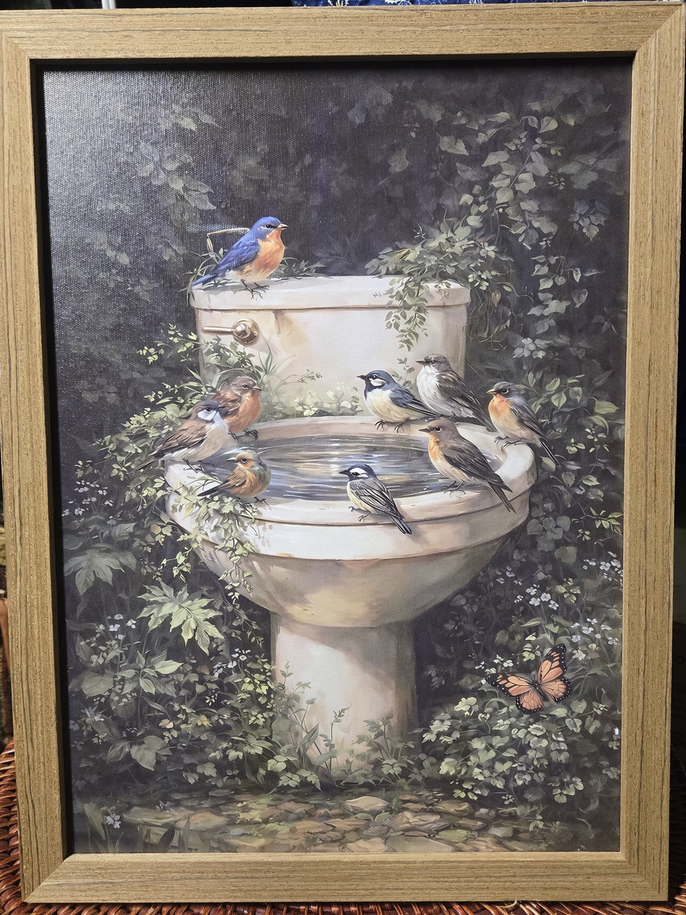 Framed Bird Garden Wall Art Print in Brown and Green